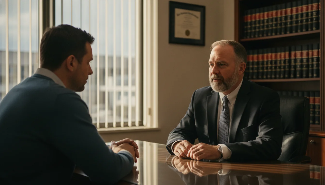 A bearded Tacoma criminal defense attorney discussing an assault charge with a concerned client across a walnut desk in his law office