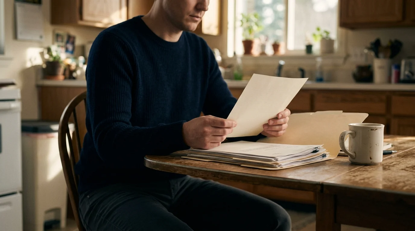 A parent at a kitchen table reading an official letter, with a stack of court papers and a coffee mug beside them