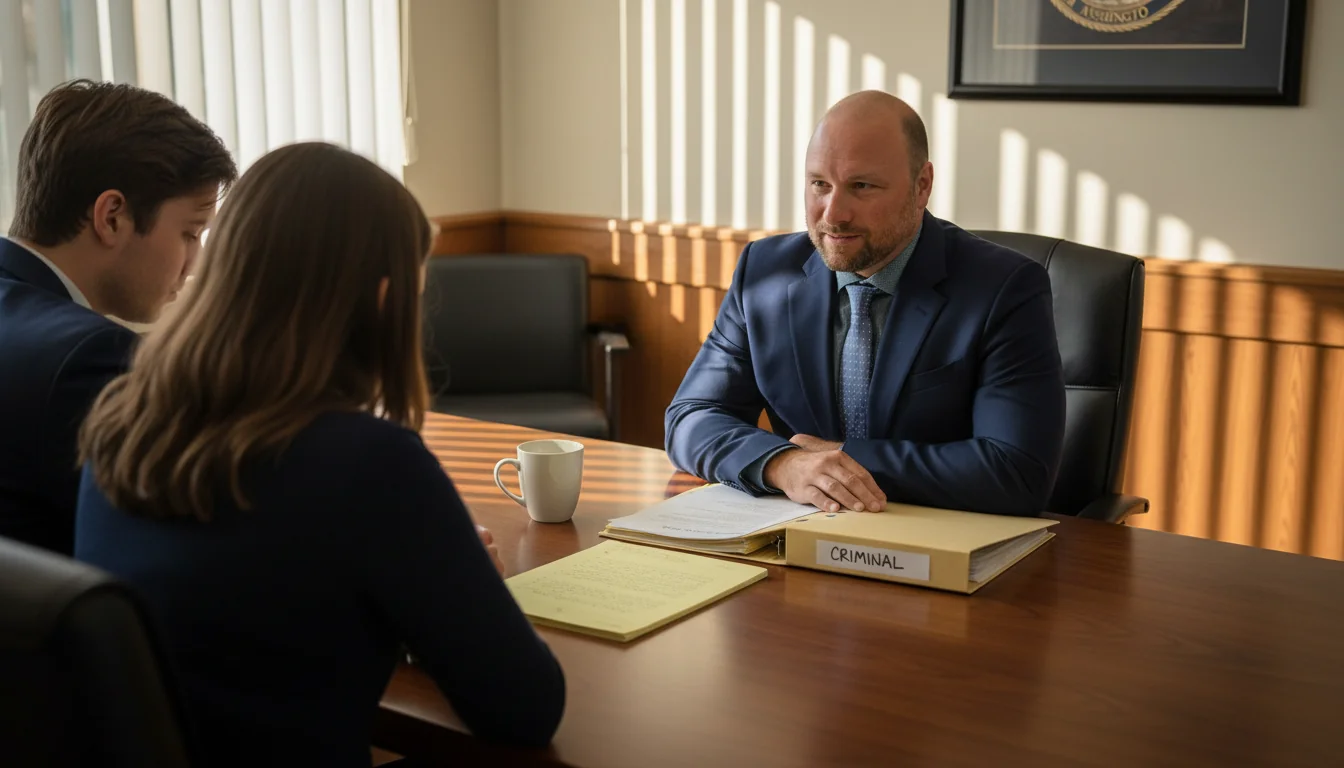 A bearded Tacoma attorney listens reassuringly to a worried young married couple across a walnut desk in a Pierce County law office