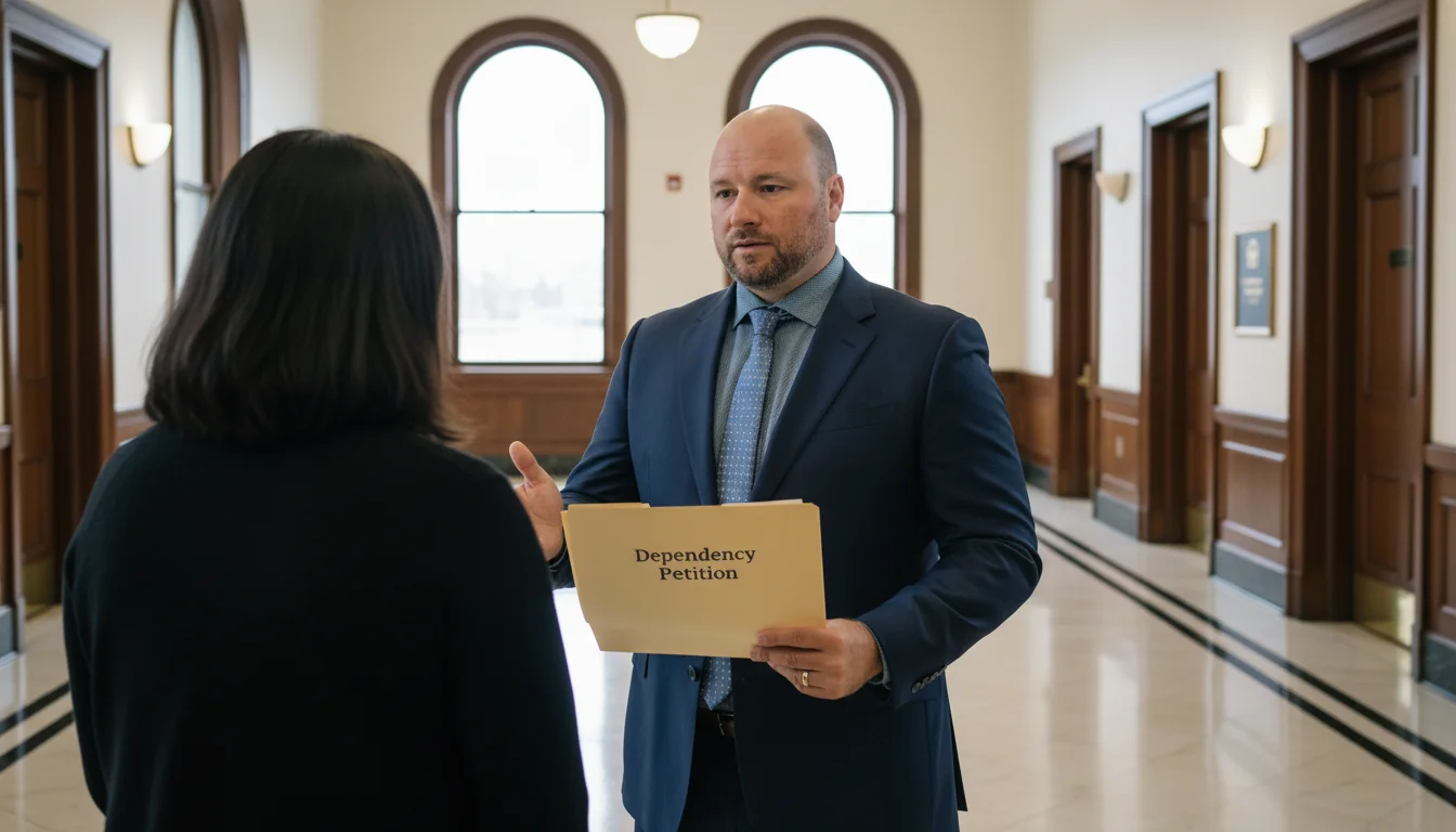 A bearded Tacoma attorney leans forward to reassure a worried single father across a walnut desk in a Pierce County law office