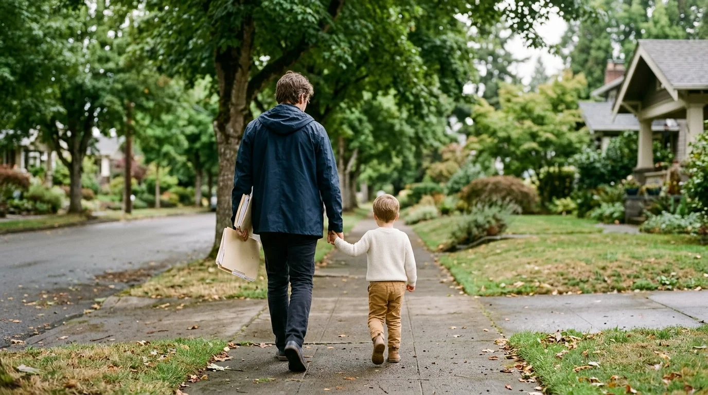 A parent holding a folder of papers walks hand in hand with a young child down a quiet tree-lined sidewalk