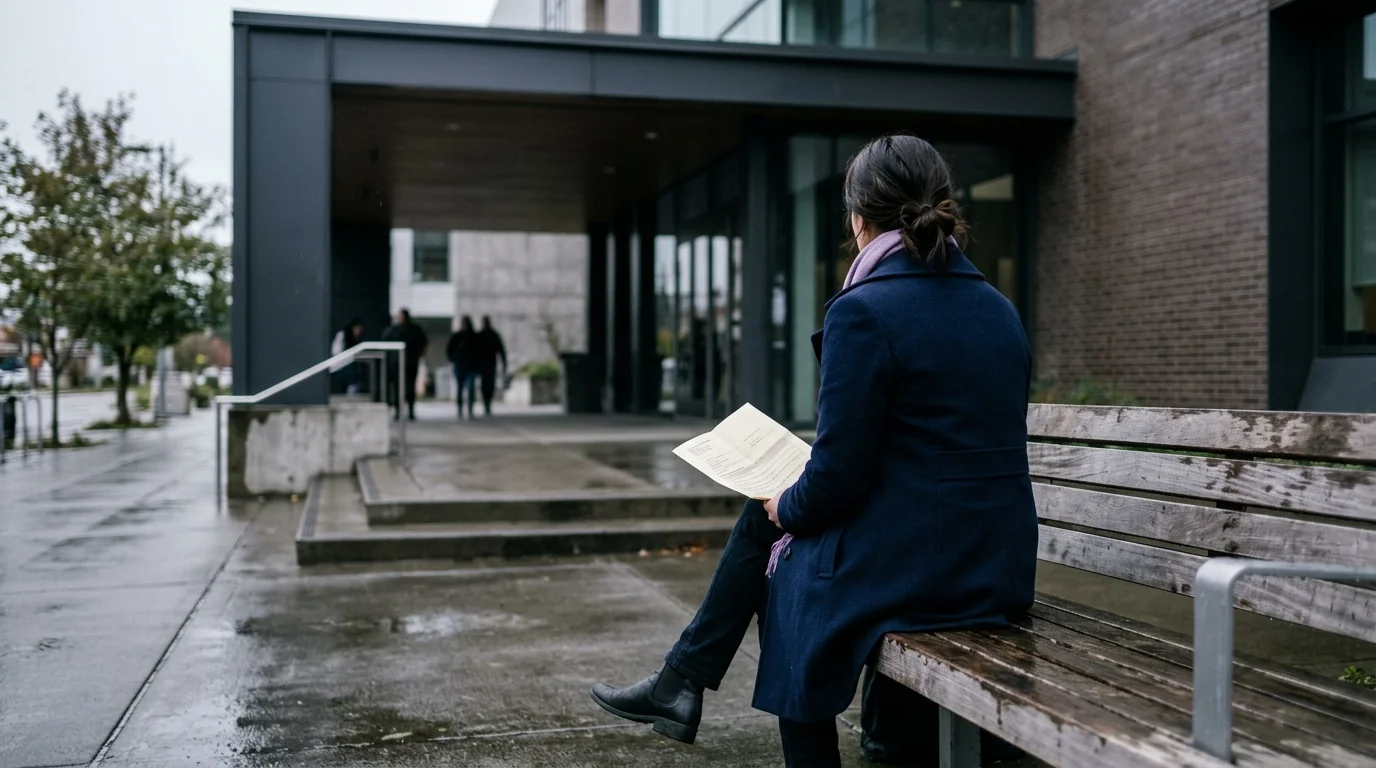 A person in a dark coat sits on a bench outside a courthouse entrance on a rainy day, reading a folded court notice
