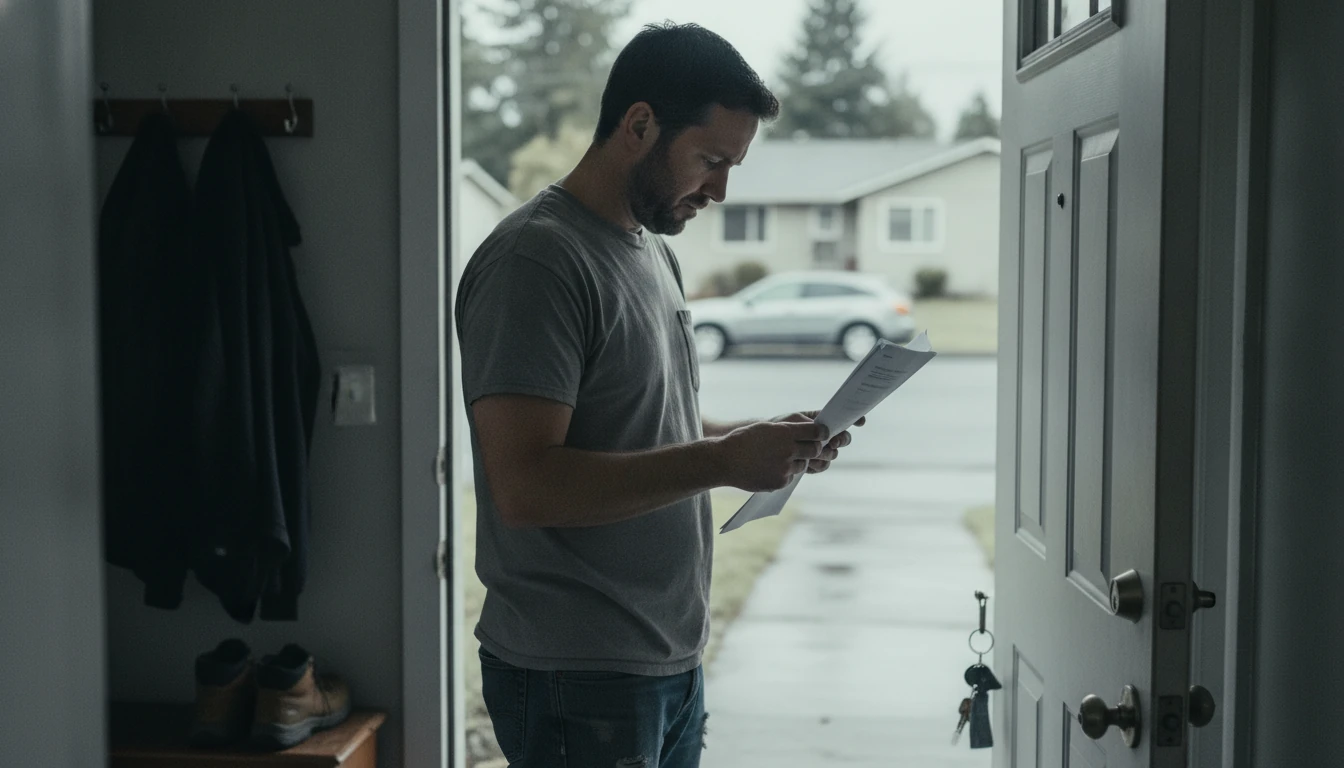 A man in his thirties stands just inside his open front door, keys still in the lock, reading a folded packet of court papers